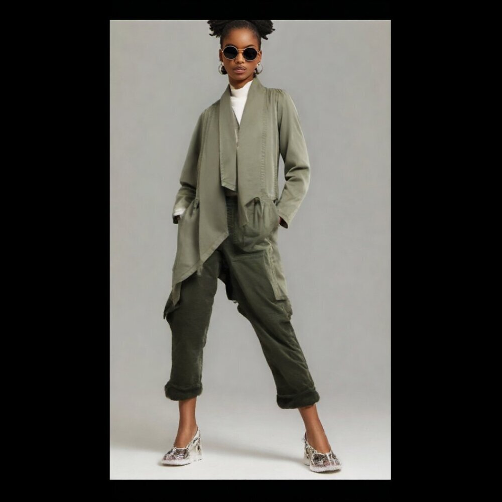 Max Jeans Vetiver Khaki Olive Green Long Drape Front Collar Boho Jacket…